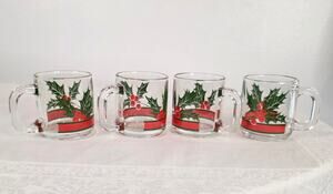 Set of 4 Vintage Libbey Holly & Berries Coffee/Eggnog Mugs/Punch Cups 8 oz. 3.5"